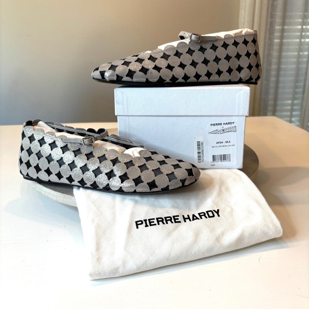 Pierre Hardy Mini Bulles Flats EU 38.5 US 8.5 Silver Leather Mesh Mary Jane AFD4